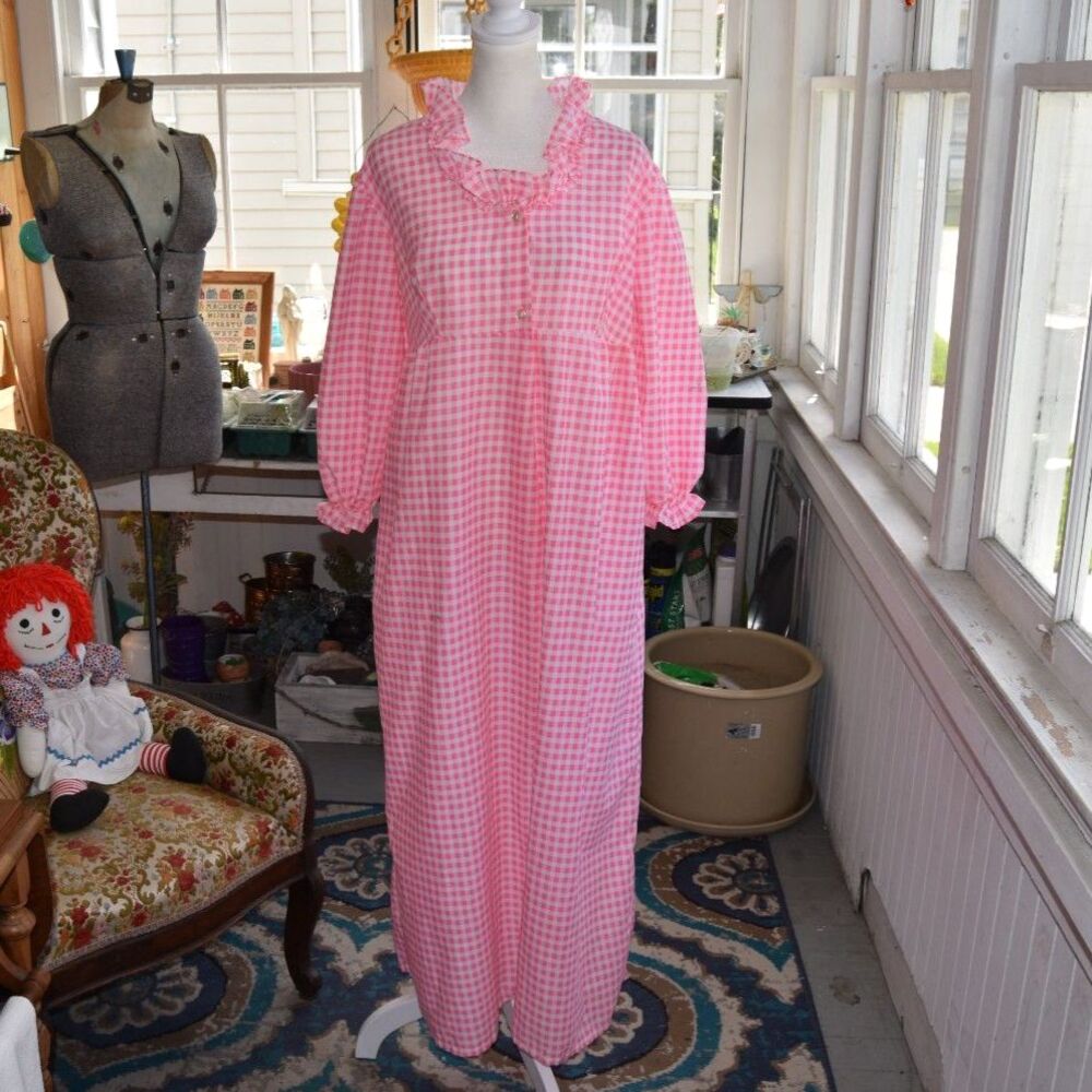 Vintage Pink Gingham Housecoat Prairie Maxi Dress Cottagecore L XL 18-20
